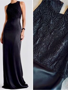 CARMEN MARC VALVO Elegant Black Beaded Satin Maxi Dress Evening Gown Prom